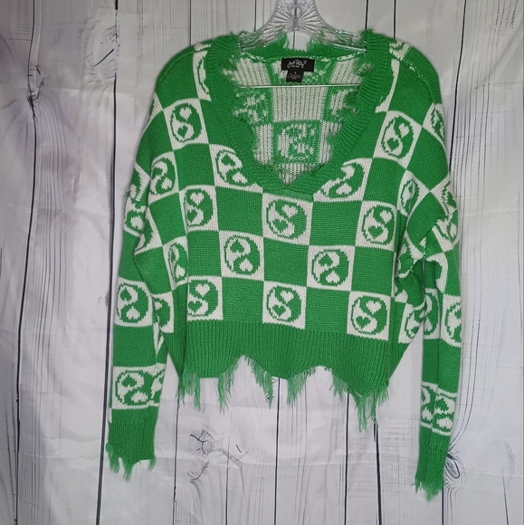 Just Polly Sweaters - Just Polly green and white cropped v-neck destroyed edge grunge sweater